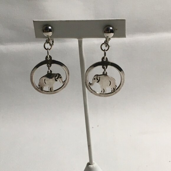 Taxco Sterling Silver Earrings Dangling Elephants Trunk Up Hoop Clip On - Picture 2 of 3
